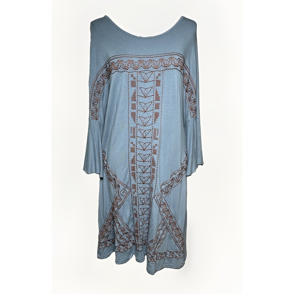 Uncle Frank Blue Embroidered Bell Sleeve Boho Dress Womens Size M Tribal Stitch